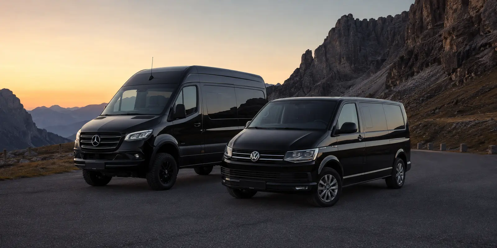 Schwarzer Mercedes-Benz Sprinter 319 4MATIC Offroad und Volkswagen T6 von Servus.Taxi